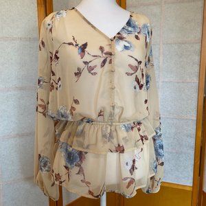 Pleione Floral Drapey Button Front Blouse with Ruffles - Size M